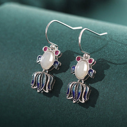 Mythstone 925 Sterling Silver Hetian White Jade Red Agate Cute Fish Happiness Drop Earrings