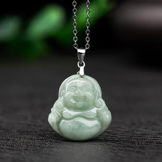 Mythstone 925 Sterling Silver Laughing Buddha Jade Blessing Necklace Chain Pendant