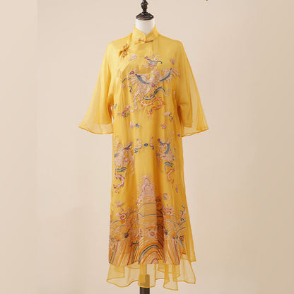 Mythstones 100% Mulberry Silk Organza Dress Embroidered Yellow Phoenix Qipao Cheongsam Dress