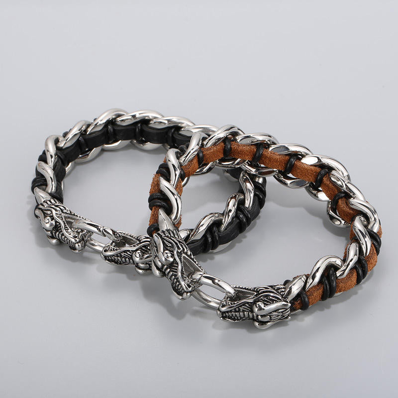 Mythstone Dragon Leather Titanium Steel Protection Luck Braided Bracelet