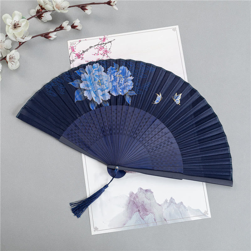 Mythstone Crane Dragonfly Lotus Peony Plum Blossom Butterfly Handheld Silk Bamboo Folding Fan 22.5cm