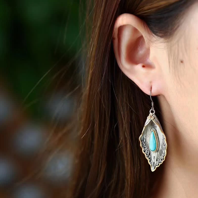 Mythstone 925 Sterling Silver Turquoise Bodhi Leaf Pattern Protection Drop Dangle Earrings