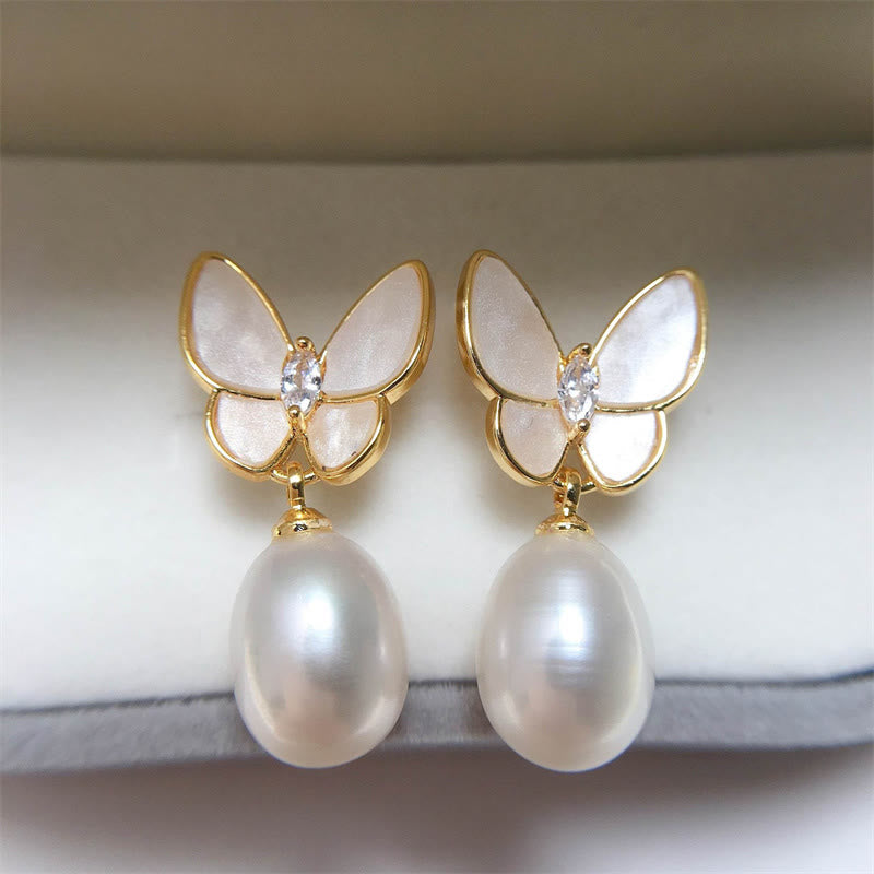 Mythstone 925 Sterling Silver Posts 18K Gold Plated Copper Pearl Butterfly Optimism Stud Earrings