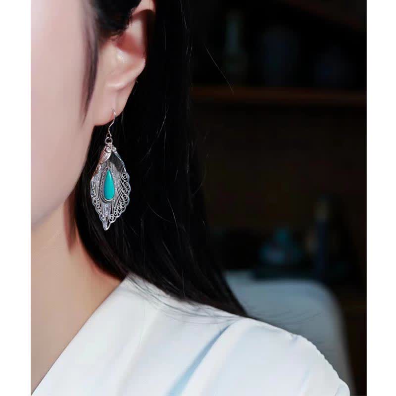 Mythstone 925 Sterling Silver Turquoise Bodhi Leaf Pattern Protection Drop Dangle Earrings