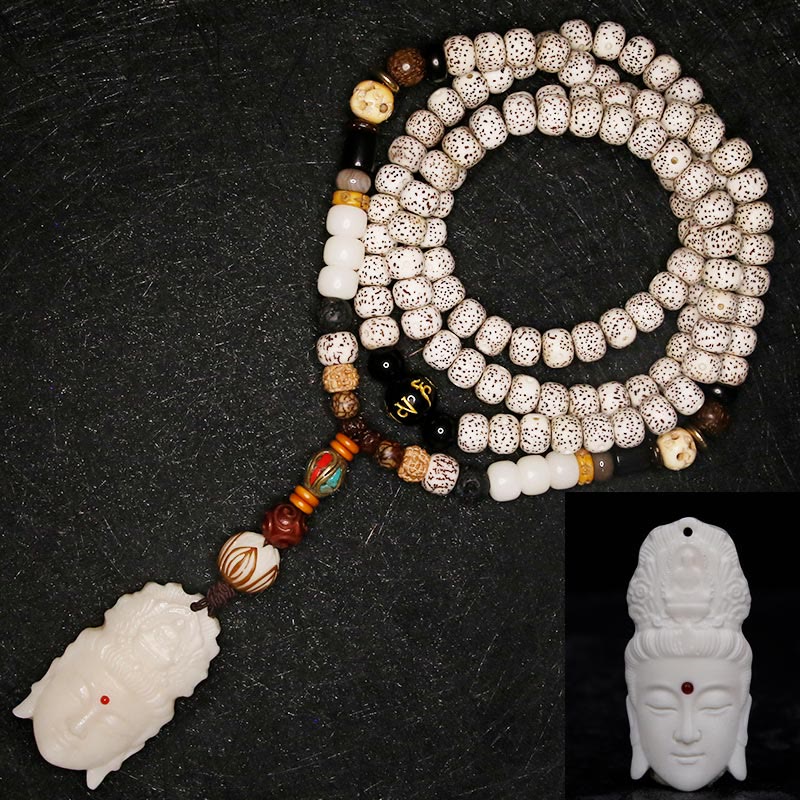 Mythstone 108 Mala Beads Bodhi Seed Yak Bone Avalokitesvara Lucky Pixiu Guan Gong Buddha Demon Peace Tassel Bracelet