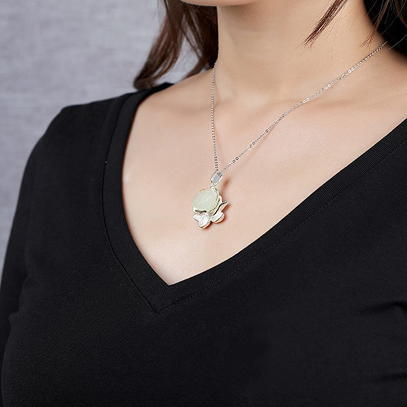 Mythstone White Jade Lotus Flower Happiness Necklace