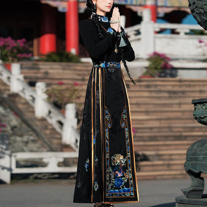 Camiseta de manga larga Mythstone, camiseta superior, bordado Hanfu chino, flores de peonía coloridas, falda con cara de caballo, Mamianqun 