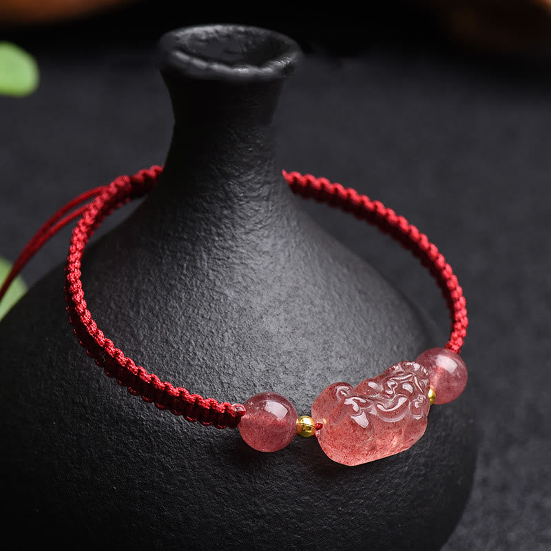 Mythstone Natural Strawberry Quartz PiXiu Lucky Red String Bracelet