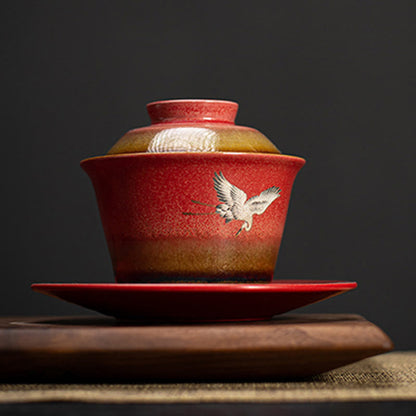 Mythstone Red Auspicious Crane Ceramic Gaiwan Sancai Teacup Kung Fu Tea Cup And Saucer With Lid