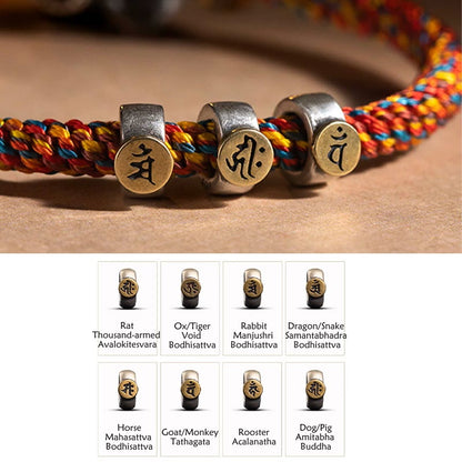 Mythstone Handmade Tibetan 925 Sterling Silver Chinese Zodiac Natal Buddha Zakiram Goddess of Wealth Protection Multicolored Rope Braided Bracelet