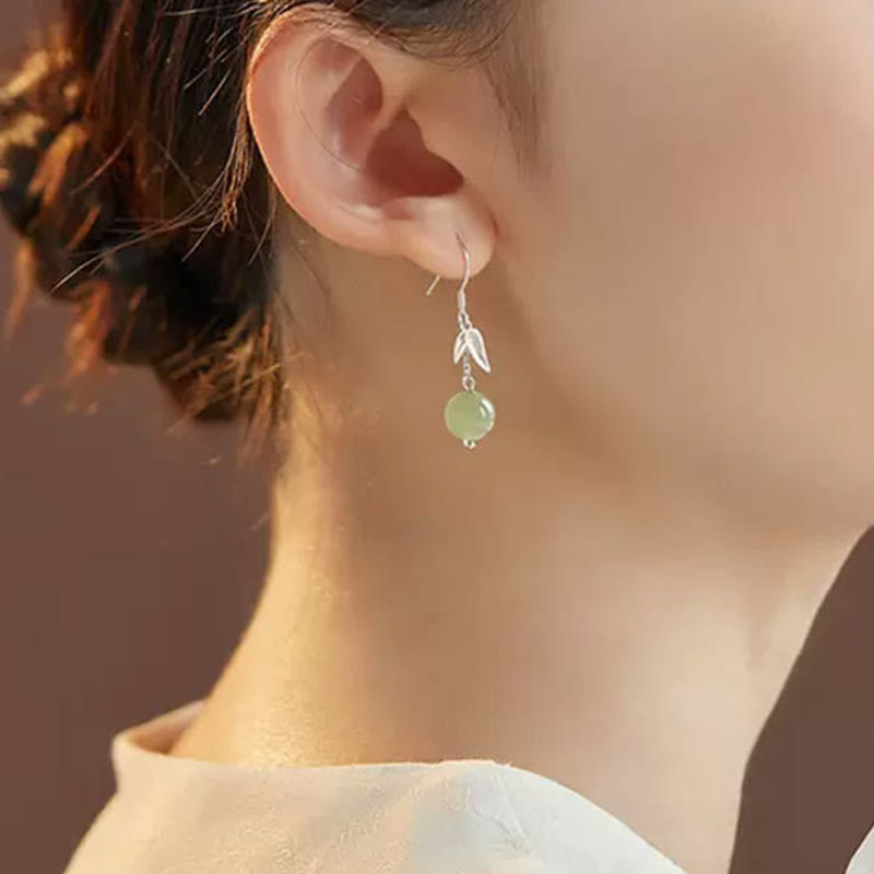 Mythstone 999 Sterling Silver Hetian Jade Bead Bamboo Leaf Luck Drop Dangle Earrings