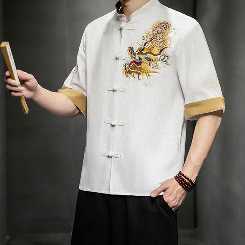 Mythstone Frog-Button Chinese Dragon Auspicious Cloud Embroidery Half Sleeve Shirt Cotton Linen Men Clothing