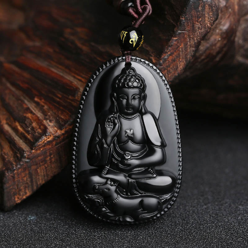 Colgante de obsidiana negra natural con diseño de Buda natal del zodíaco chino Mythstone