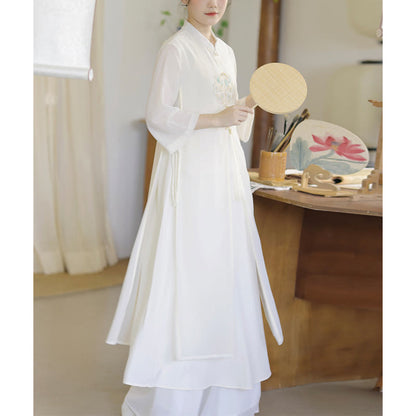 Mythstone Embroidery Chiffon Cheongsam Midi Dress Wide Leg Pants Meditation Zen Practice Clothing