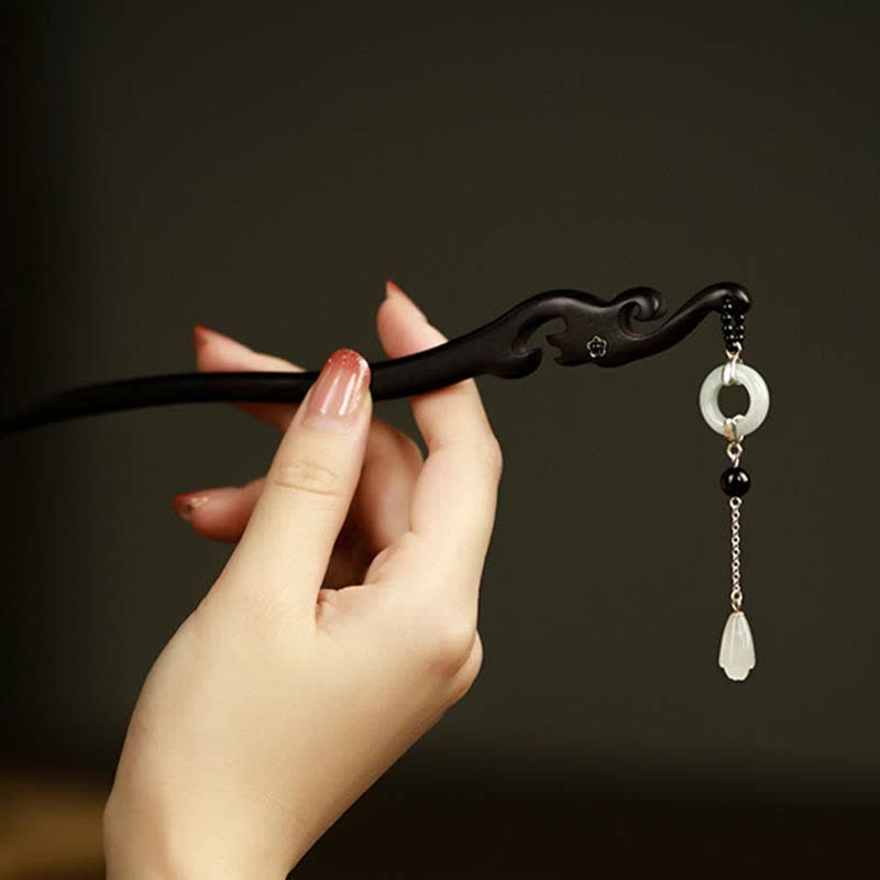 Mythstone 925 Sterling Silver Hetian White Jade Ebony Wood Protection Hairpin