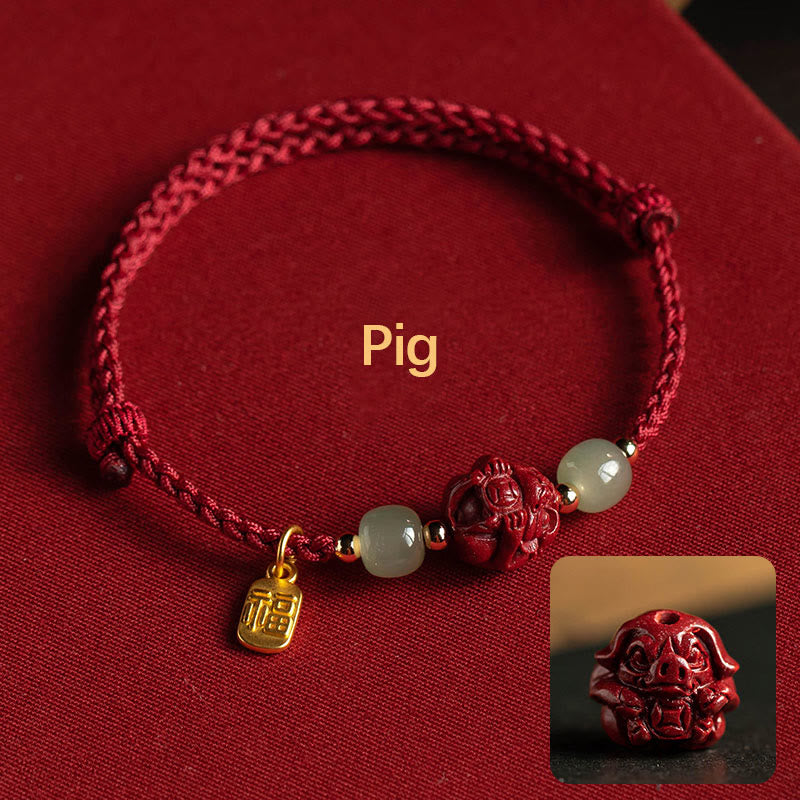 Mythstone Natural Cinnabar Chinese Zodiac Hetian Jade Fu Character Luck Rope Bracelet