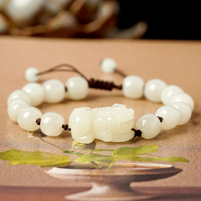 Mythstone Natural Hetian White Jade PiXiu Wealth String Bracelet