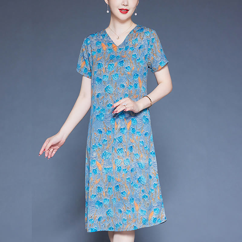 Mythstone V-Neck Tulip Flowers Short Sleeve Midi Dress With Pockets