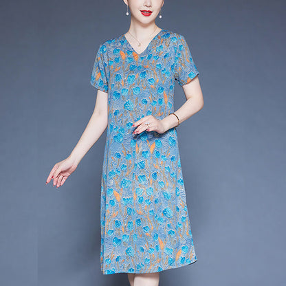 Mythstone V-Neck Tulip Flowers Short Sleeve Midi Dress With Pockets