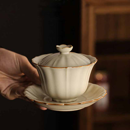 Mythstone Beige Plum Blossom Shape Peach Branch Ceramic Gaiwan Sancai Teacup Kung Fu Tea Cup With Lid