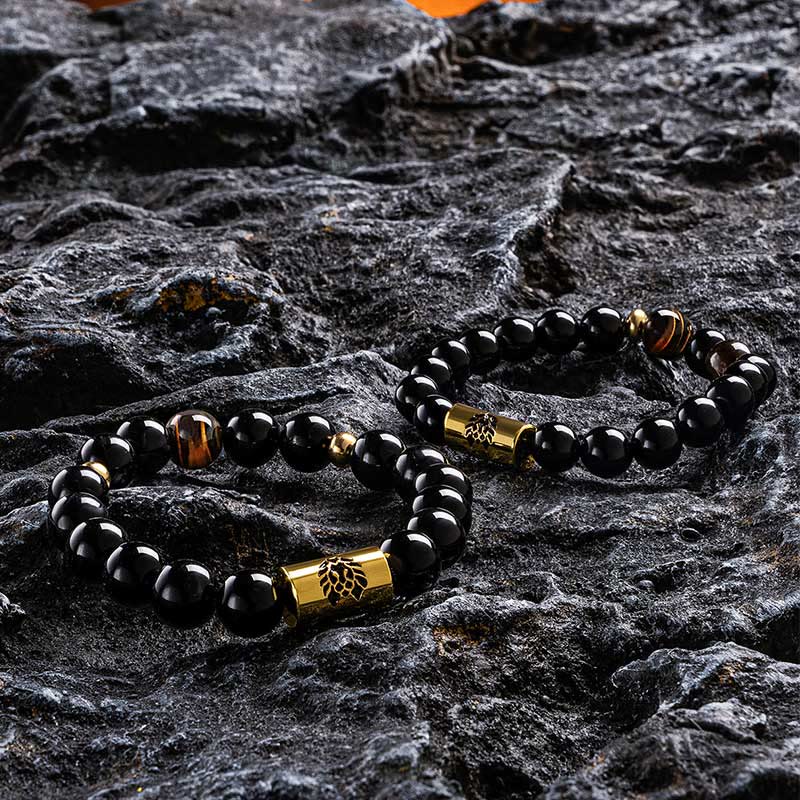 Mythstone Black Onyx Tiger Eye Bead Lion Engraved Protection Bracelet