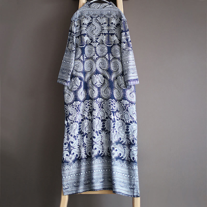 Mythstone Blue And White Porcelain Pattern Frog-button Midi Dress Three Quarter Sleeve Linen Batik Dress With Pockets