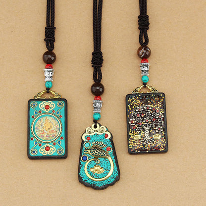 Mythstone Tibet God Of Wealth Money Tree Golden Phoenix Thangka Ebony Peace Necklace Pendant