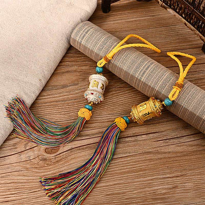 Mythstone Tibet Om Mani Padme Hum Prayer Wheel Colorful Tassels Bag Car Hanging Decoration