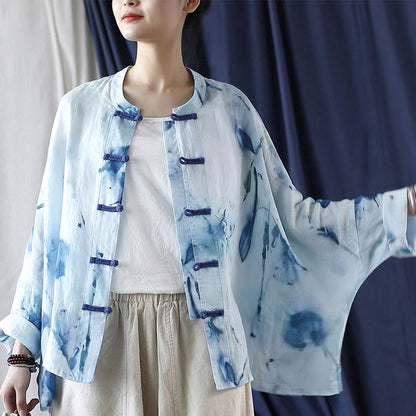 Mythstone Tie Dye Blue Flowers Frog-Button Design Long Sleeve Ramie Linen Jacket Shirt