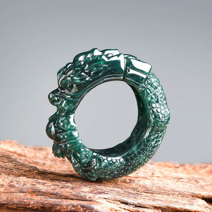 Mythstone Natural Cyan Jade Dragon Carved Success Ring