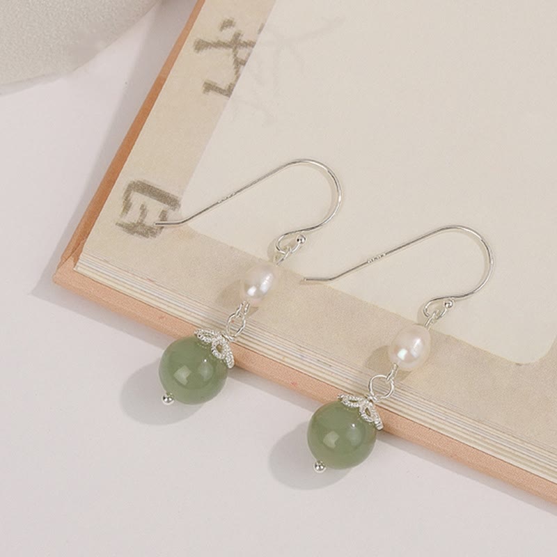 Mythstone 925 Sterling Silver Natural Pearl Jade Wisdom Earrings