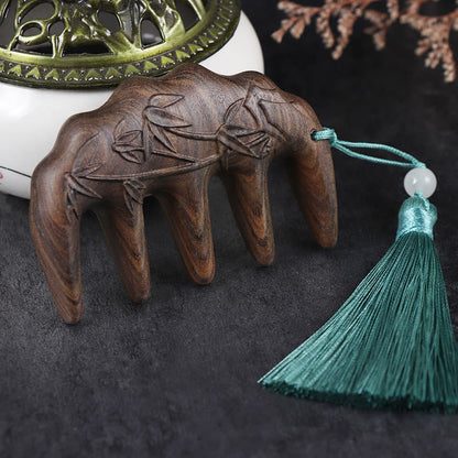 Mythstone Green Sandalwood Plum Blossom Flowers Lotus Koi Fish Engraved Soothing Tassel Comb