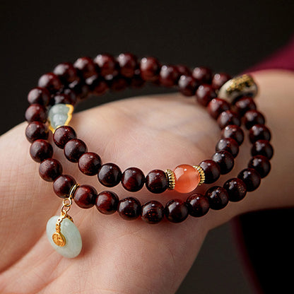 Mythstone Chinese Zodiac Natal Buddha Small Leaf Red Sandalwood Jade Red Agate PiXiu Sooth Bracelet