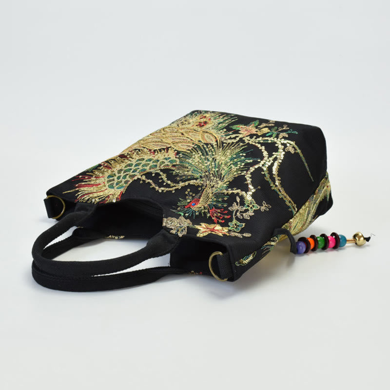 Mythstone Peacock Double-sided Embroidery Tote Bag Shoulder Bag Crossbody Bag