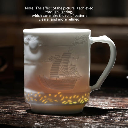 Mythstone Jingdezhen Linglong Porcelain Auspicious Dragon Phoenix Boat Smooth Sailing Ceramic Teacup Office Tea Cups 420ml