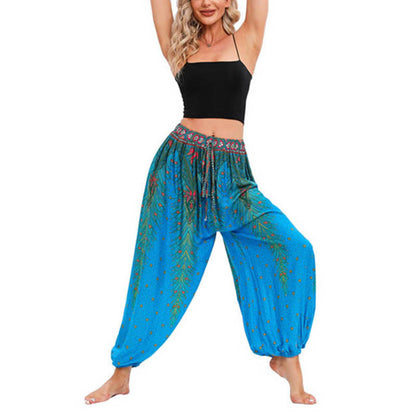 Mythstone Peacock Feather Pattern Loose Harem Trousers Women's Yoga Pants