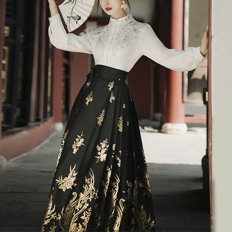 Mythstone Flowers Leaves Feathers Long Sleeve Shirt Top Chinese Hanfu Ming Dynasty Horse Face Skirt Mamianqun Skirt