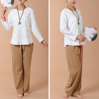 Mythstone 2Pcs Long Sleeve T-Shirt Tee Pants Meditation Zen Tai Chi Linen Clothing Women's Set