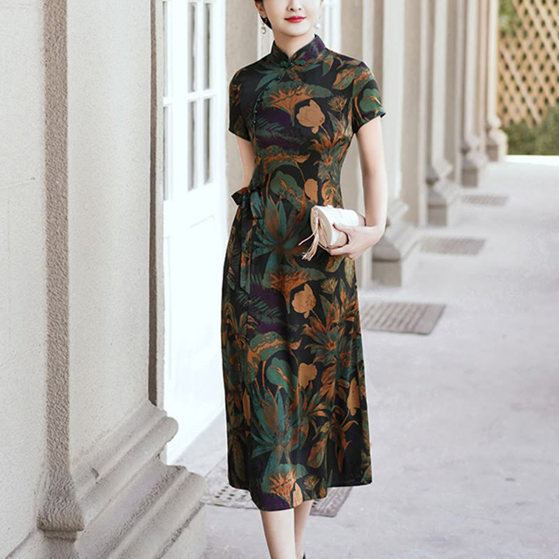 Mythstone Silk Qipao Dress Retro Flower Leaf Pattern Women's Cheongsam Dress