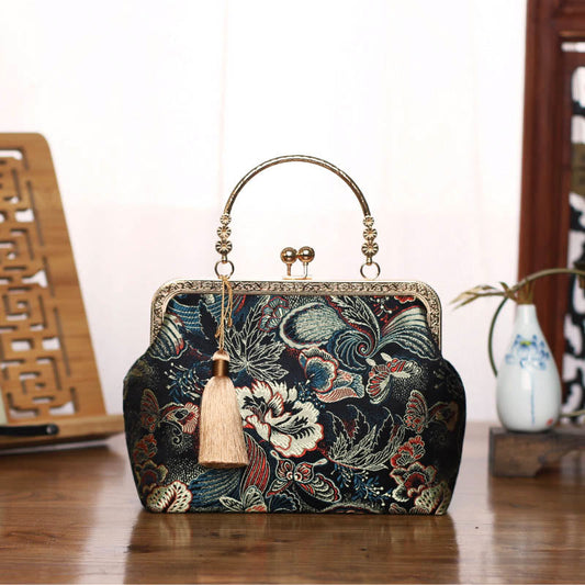 Mythstone Vintage Flower Butterfly Crane Sea Waves Metal Chain Crossbody Bag Shoulder Bag Handbag