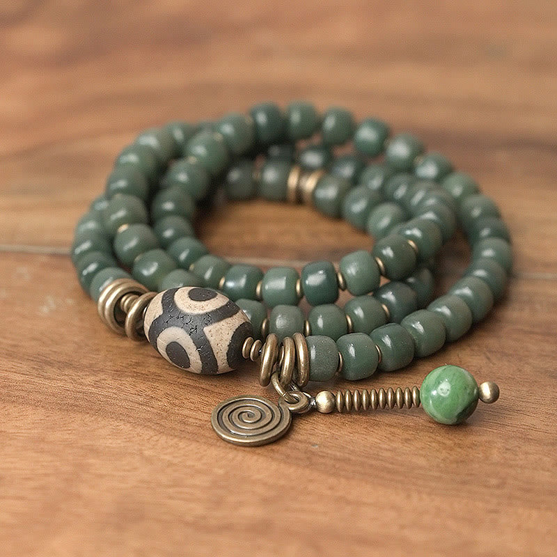 Mythstone Cyan Bodhi Seed Dzi Bead Wisdom Peace Triple Wrap Bracelet