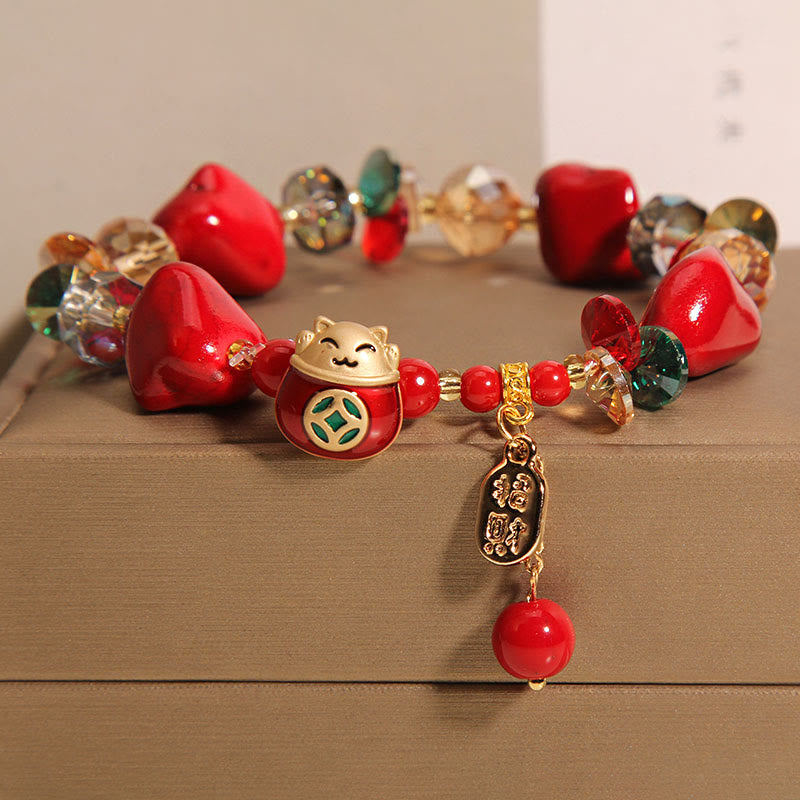 Mythstone Red Stone Lucky Cat Rabbit Fu Character Fortune Bracelet