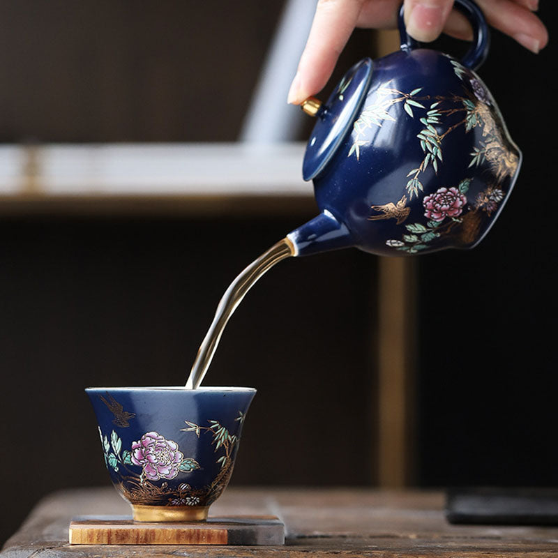 Mythstone Golden Magpie Peony Flower Ceramic Teacup Kung Fu Tea Cup