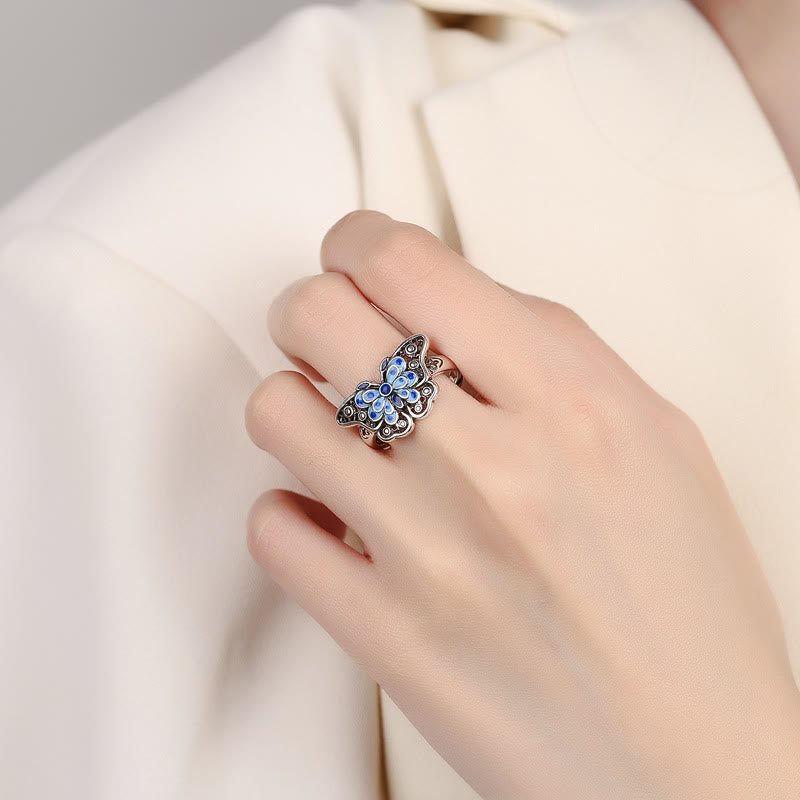 Mythstone Hollow Enamel Blue Butterfly Pattern Love Ring