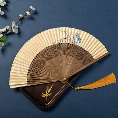 Mythstone Lotus Dragonfly Wild Geese Plum Blossom Handheld Silk Bamboo Folding Fan 22.5cm