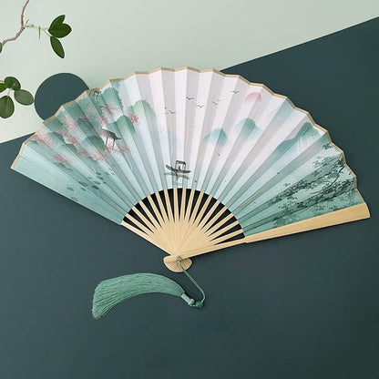 Mythstone Retro Lotus Flower Leaf Mountain Lake Handheld Folding Fan With Bamboo Frames