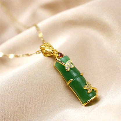 Mythstone White Jade Cyan Jade Bamboo Luck Protection Necklace Pendant