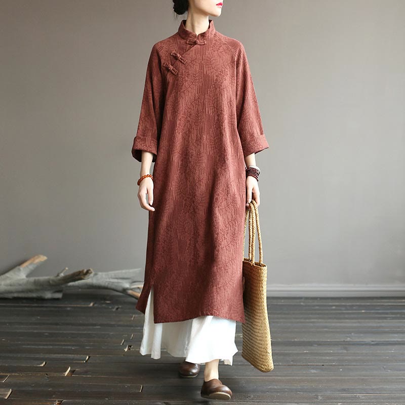 Mythstone Flower Jacquard Midi Dress Long Sleeve Cotton Linen Dress Wide Leg Pants With Pockets