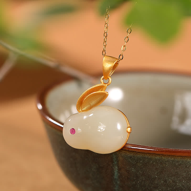 Mythstone 925 Sterling Silver Year of the Rabbit Hetian Jade Luck Ring Earrings Necklace Pendant