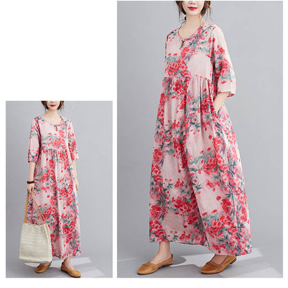 Mythstone Flowers Print Midi Dress Tunic Dress With Pockets